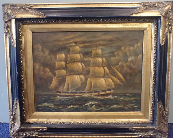 A NAIVE STYLE OIL ON CANVAS OF A SAILING SHIP