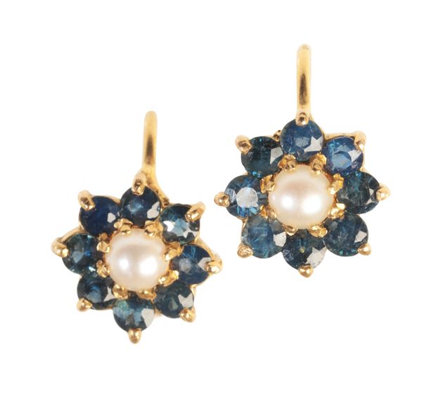 A PAIR OF PEARL AND SAPPHIRE DROP EARRINGS