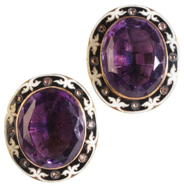 A PAIR OF AMETHYST AND DIAMOND DROP EARRINGS