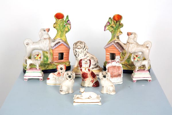 A PAIR OF 19TH CENTURY STAFFORDSHIRE POTTERY SPILL VASES