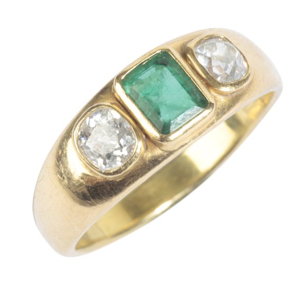 EMERALD AND DIAMOND THREE STONE RING