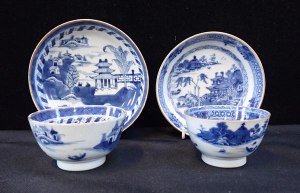 TWO BLUE AND WHITE CHINESE TEABOWLS AND SAUCERS