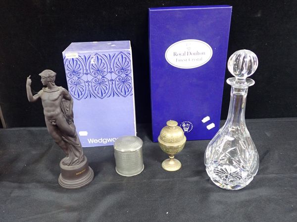 A ROYAL DOULTON CUT GLASS DECANTER, BOXED