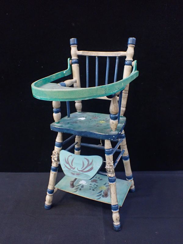 A DOLLS POLYCHROME PAINTED METAMORPHIC HIGH CHAIR