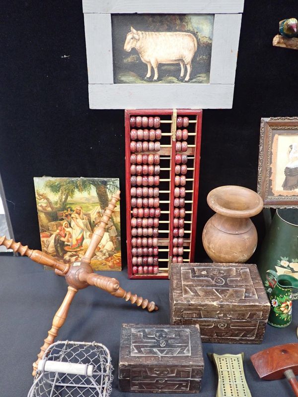 A WOODEN FRAMED ABACUS AND ITEMS OF WOODWORK AND METALWORK