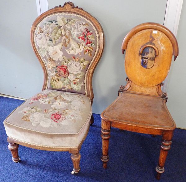 A VICTORIAN INLAID WALNUT AND WOOL WORK UPHOLSTERED SPOON-BACK CHAIR