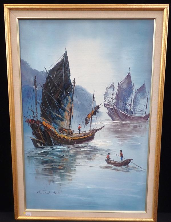 FAR EASTERN FISHING SCENE, OIL ON CANVAS