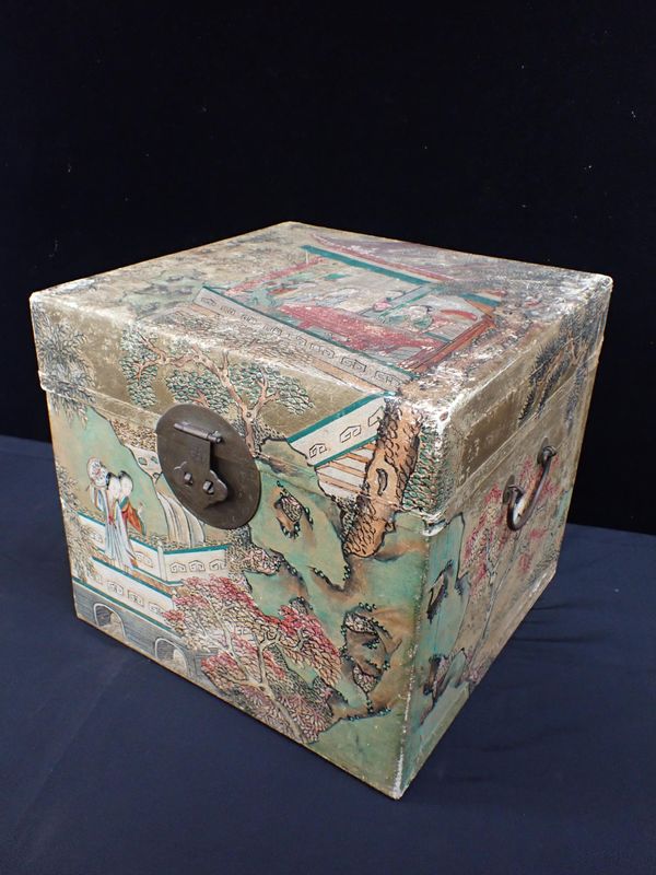 A CHINESE BOX, DECORATED WITH PRINTED AND COLOURED SCENES