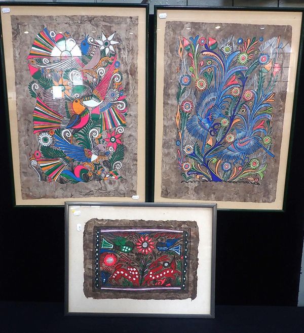 THREE SOUTH AMERICAN PAINTINGS OF STYLISED BIRDS