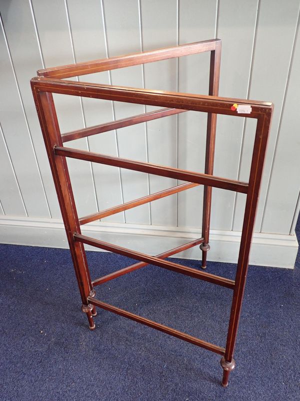 AN EDWARDIAN LINE-INLAID MAHOGANY  FOLDING TOWEL RAIL