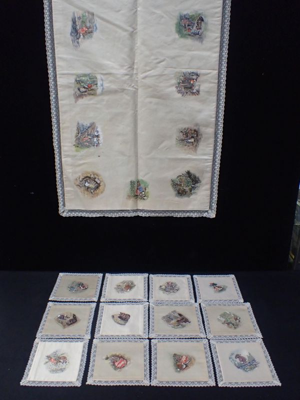 AN EARLY 20TH CENTURY ‘BEATRIX POTTER’ PAINTED SATIN TABLE RUNNER