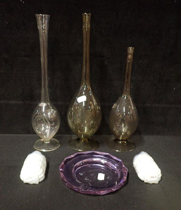 THREE ART GLASS BOTTLE VASES