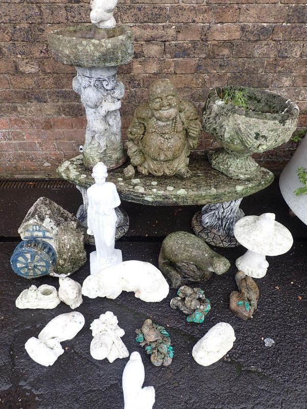 A COLLECTION OF CEMENT GARDEN ORNAMENTS