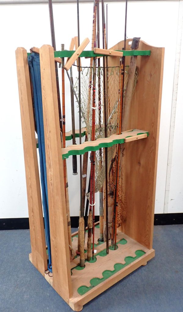 A PINE FREESTANDING FISHING ROD STAND