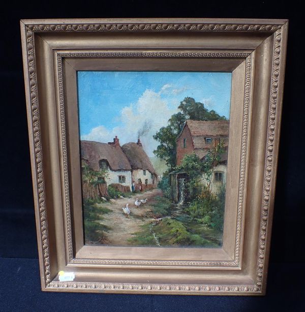 A. GILES; COUNTRY LANE WITH COTTAGES AND GEESE