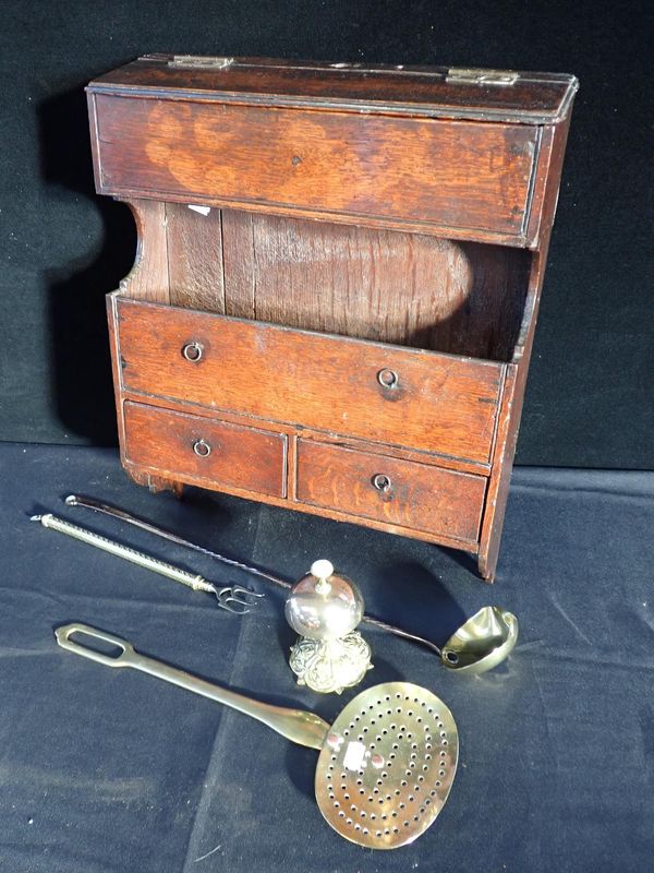 A 19th CENTURY OAK CANDLE BOX FITTED TWO DRAWERS