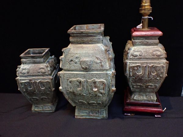 THREE CHINESE CAST METAL VASES OF ARCHAIC FORM