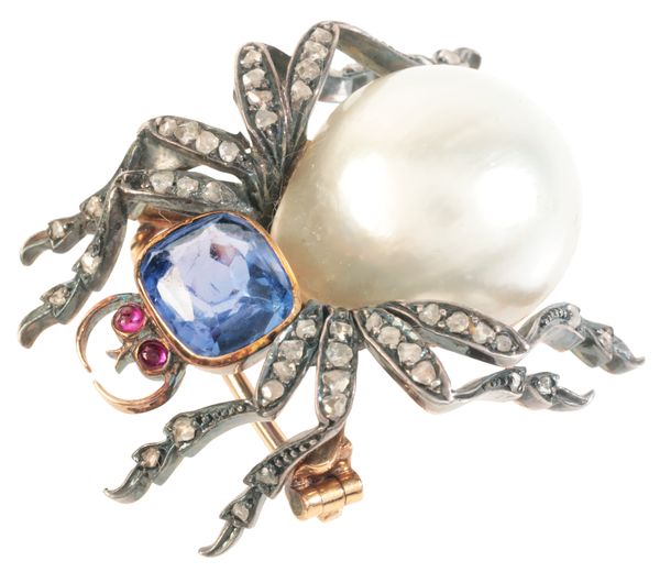 AN ANTIQUE CEYLON NO HEAT SAPPHIRE, PEARL AND DIAMOND SPIDER BROOCH