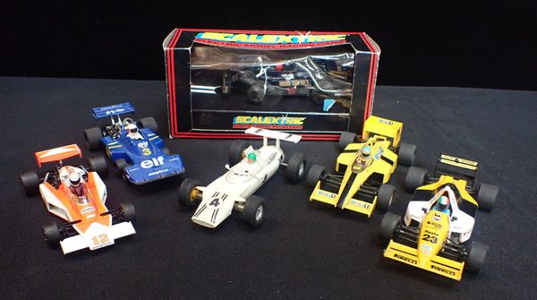 SIX VINTAGE SCALEXTRIC F1 CARS