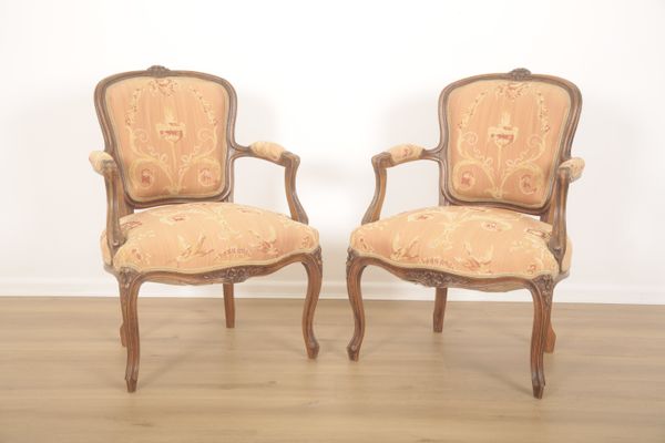 A PAIR OF FRENCH OPEN ARMCHAIRS OR FAUTEUILS IN LOUIS XV STYLE