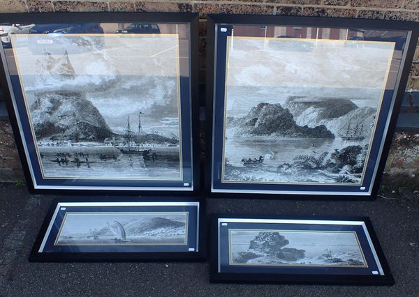 FOUR REPRODUCTION BLACK AND WHITE COASTAL SCENE PRINTS