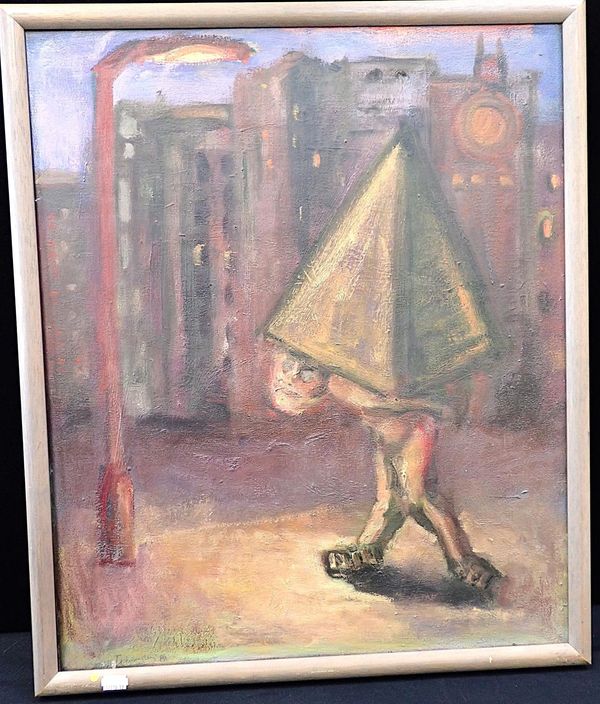 J. LANGLEY: FIGURE CARYING A PYRAMID THROUGH A STREET