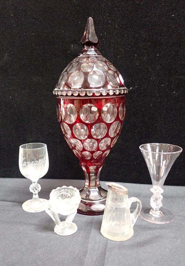 RED OVERLAY CUT GLASS VASE AND COVER