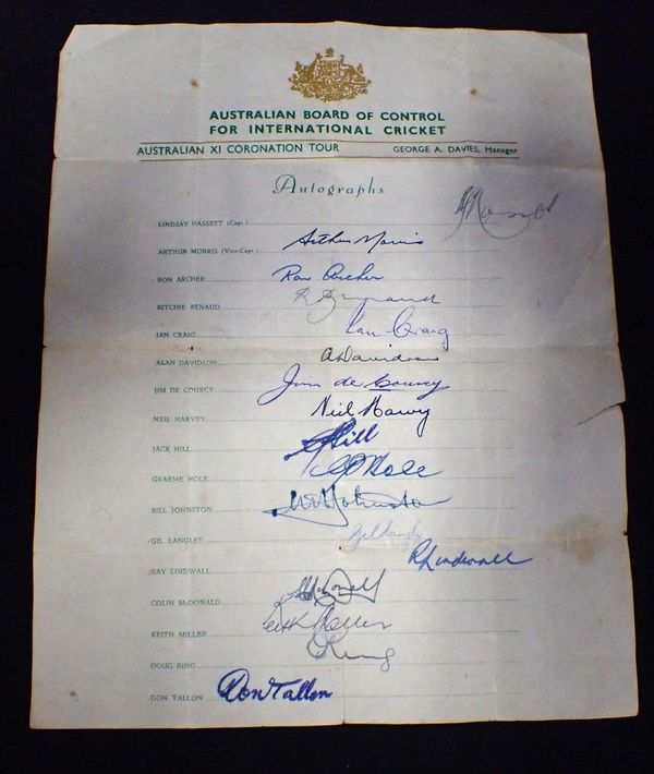 AN AUTOGRAPHED AUSTRALIAN XI CORONATION TOUR TEAM SHEET