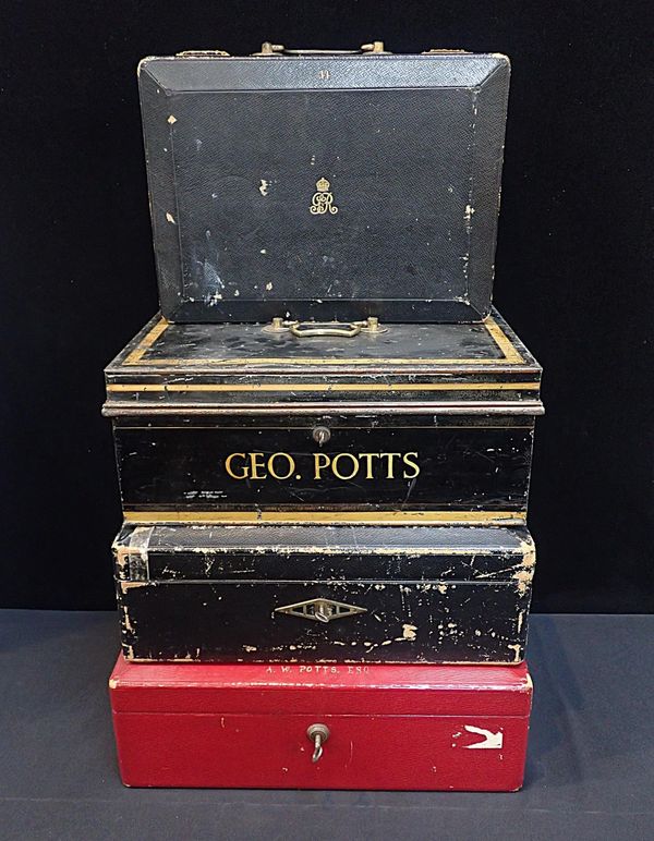 A RED MOROCCO COVERED DESPATCH BOX WITH BRAMAH TYPE LOCK