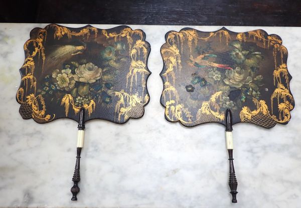 A PAIR OF VICTORIAN PAPIER MACHE FACE SCREENS