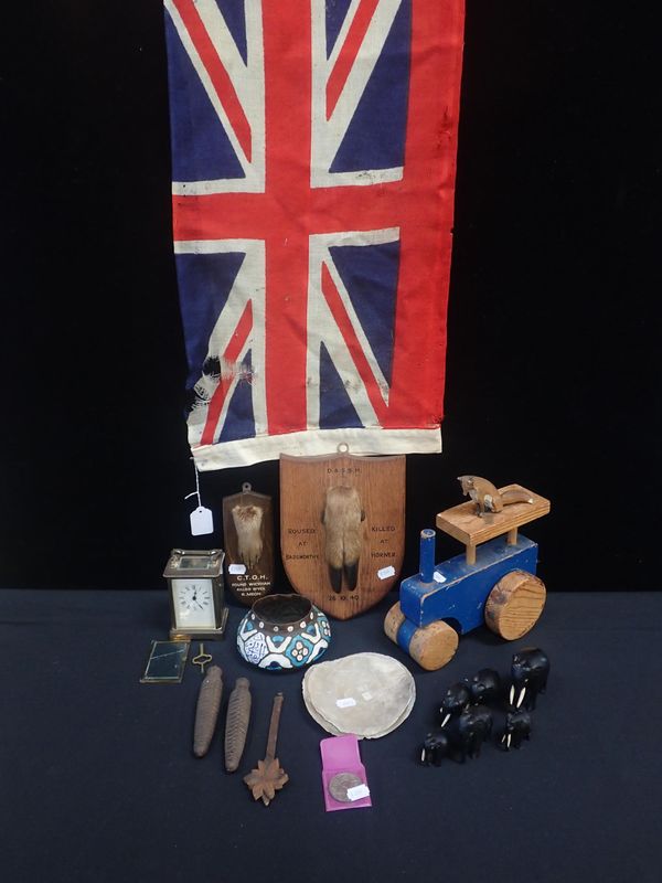 A NAVAL WHITE ENSIGN, CARRIAGE CLOCK AND OTHER  ITEMS