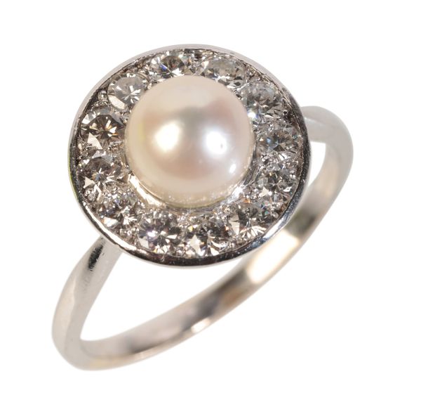 A PEARL AND DIAMOND CLUSTER RING