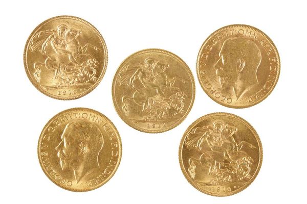 GEORGE V, FIVE SOVEREIGNS 1911, 1912, 1913, 1914, 1915 (5)