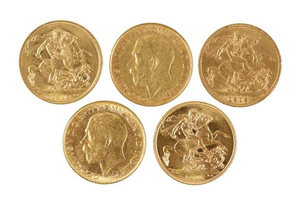 GEORGE V, FIVE SOVEREIGNS 1911, 1912, 1913, 1914, 1915 (5)