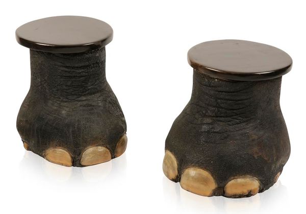 TAXIDERMY: A PAIR OF EARLY 20TH CENTURY ELEPHANTS FOOT STOOLS