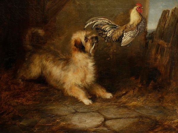 ENGLISH SCHOOL (19th century) In the barn, a terrier and a cockerel