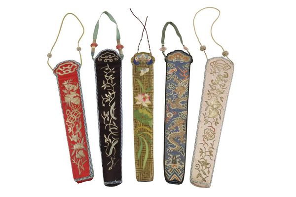 FIVE EMBROIDERED FAN CASES, EARLY 20TH CENTURY