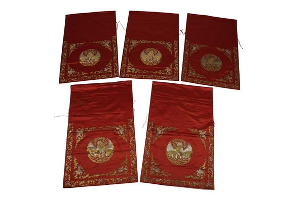 SET OF FIVE RED SILK WALL HANGINGS, EARLY 20TH CENTURY