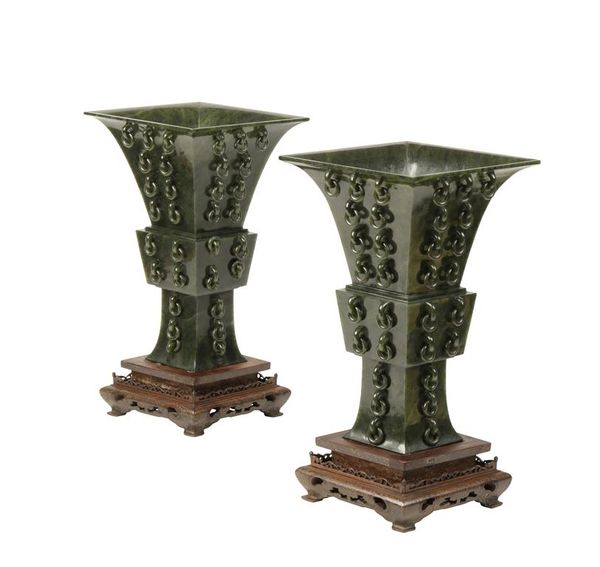 PAIR OF GREEN-SPINACH JADE GU-FORM VASES, QING DYNASTY, 19TH CENTURY