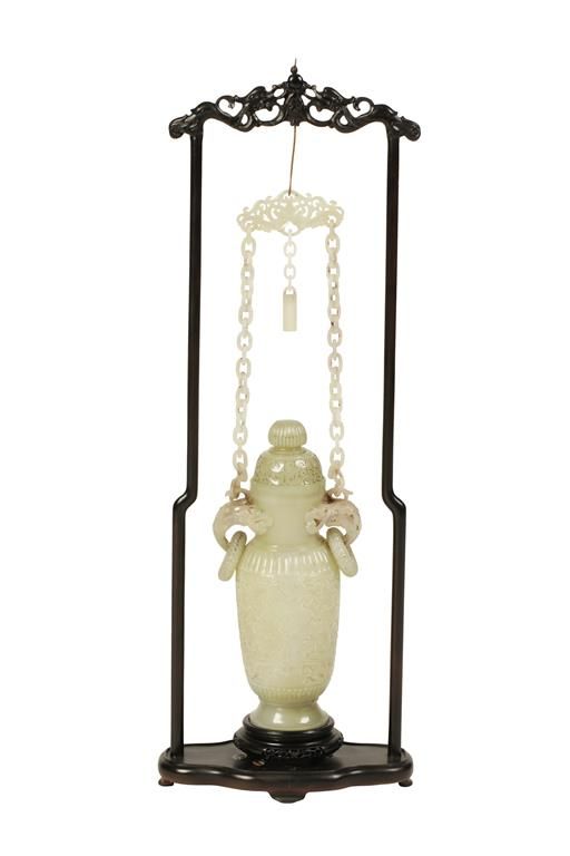 CELADON JADE HANGING VASE AND COVER