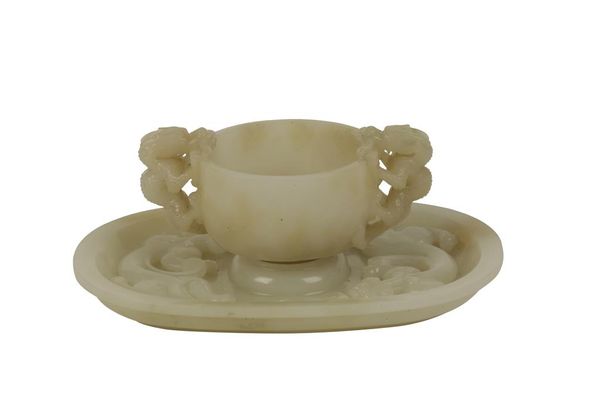 FINE PALE CELADON JADE CARVED CUP AND STAND