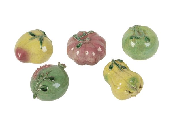 FIVE GLAZED-POTTERY FRUITS, LATE QING DYNASTY