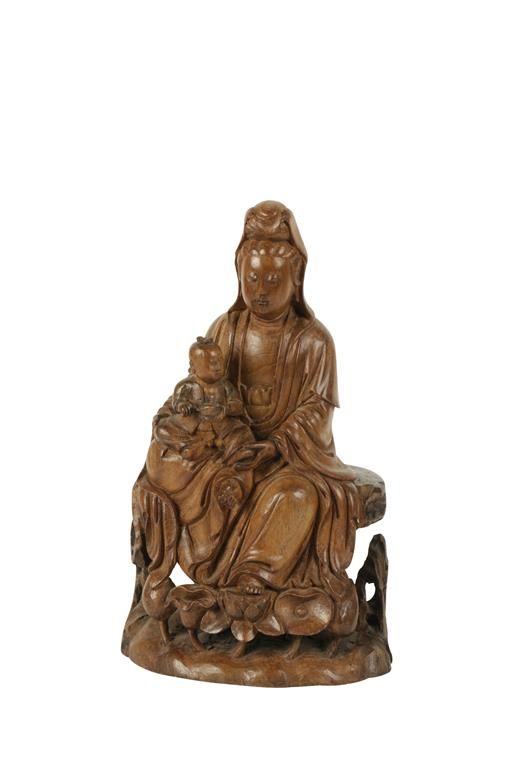 FINE CARVED BOXWOOD FIGURE OF GUANYIN, QING DYNASTY, 18TH CENTURY
