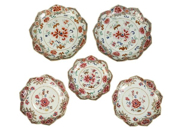 SET OF FIVE FAMILLE ROSE LOTUS FORM ENAMELLED DISHES, QING DYNASTY, 18TH CENTURY