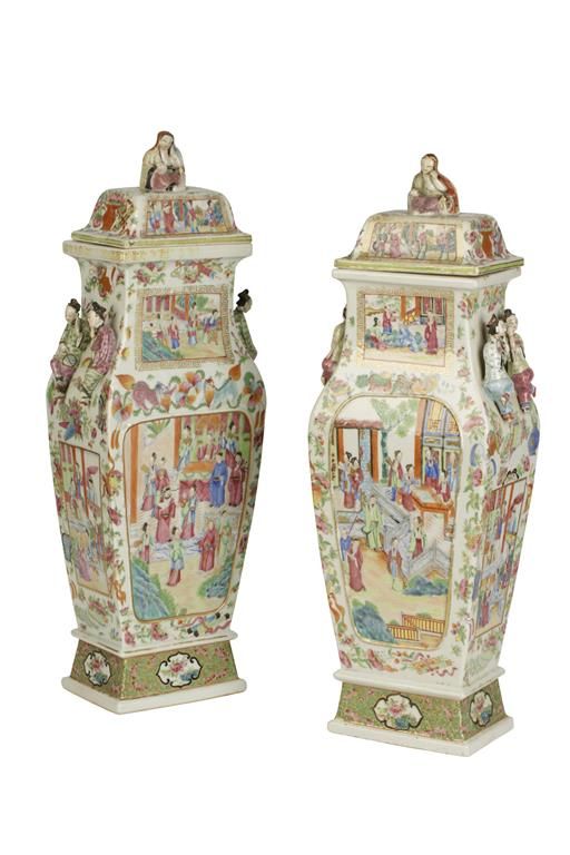 NEAR PAIR OF CANTON FAMILLE ROSE COVERED VASES, QING DYNASTY, 19TH CENTURY