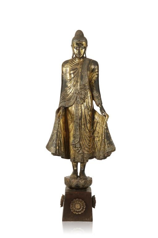 LARGE AND IMPRESSIVE CARVED GILTWOOD AND LACQUER STANDING BUDDHA