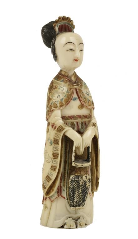 CARVED IVORY AND POLYCHROME PAINTED FIGURE OF A LADY, LATE QING DYNASTY