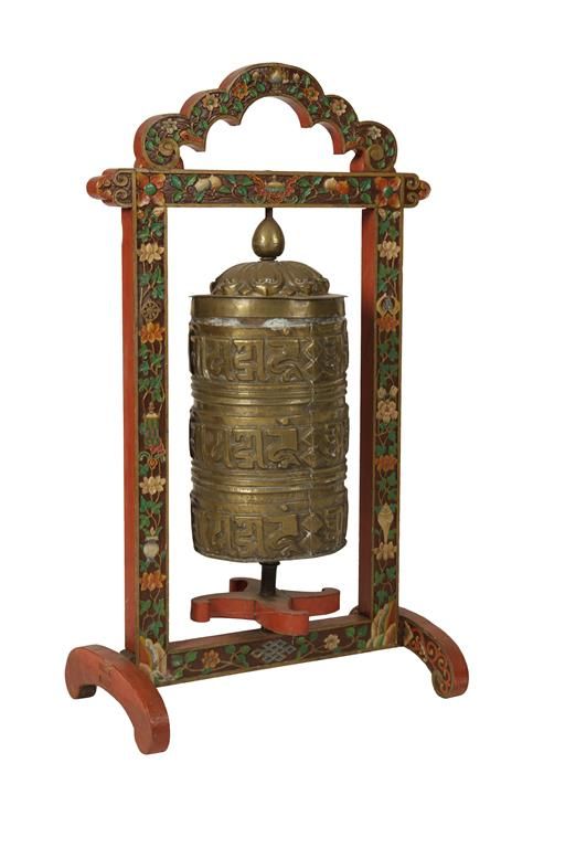 COPPER TEMPLE PRAYER WHEEL (MANI) ON LATER PAINTED WOOD STAND