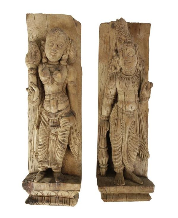 TWO CARVED WOOD PILASTERS, INDIA, 19TH CENTURY