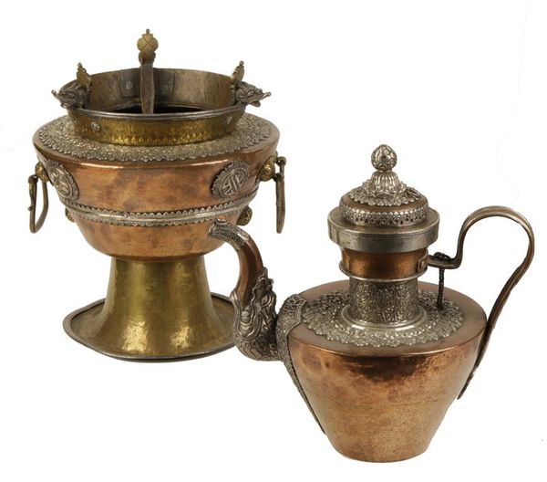 COPPER, BRASS AND SILVER TEAPOT AND BRAZIER, TIBET, 19TH CENTURY